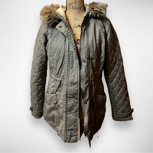 THREAD &‎ SUPPLY Olive Green Quilted Utility Jacket with Faux Fur Hood